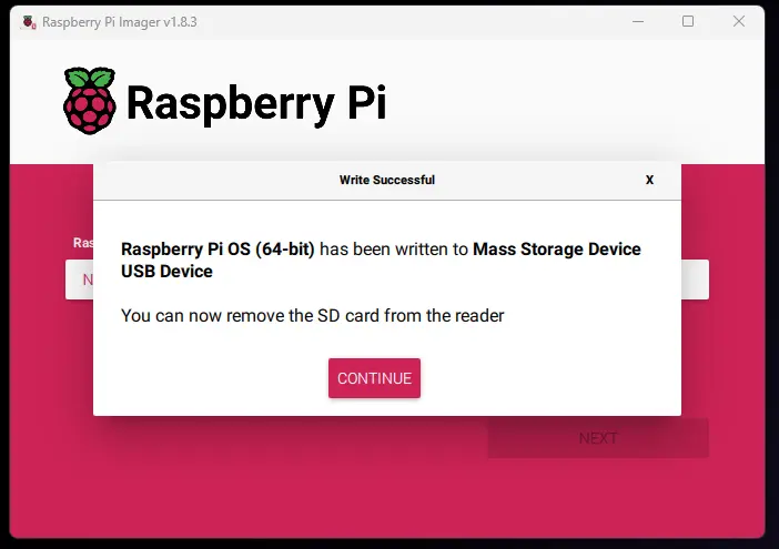 Image showing the Raspberry Pi Imager has completed writing to the SD card