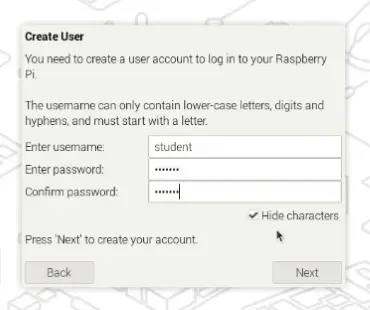 Image showing the Raspberry Pi Set username and password screen