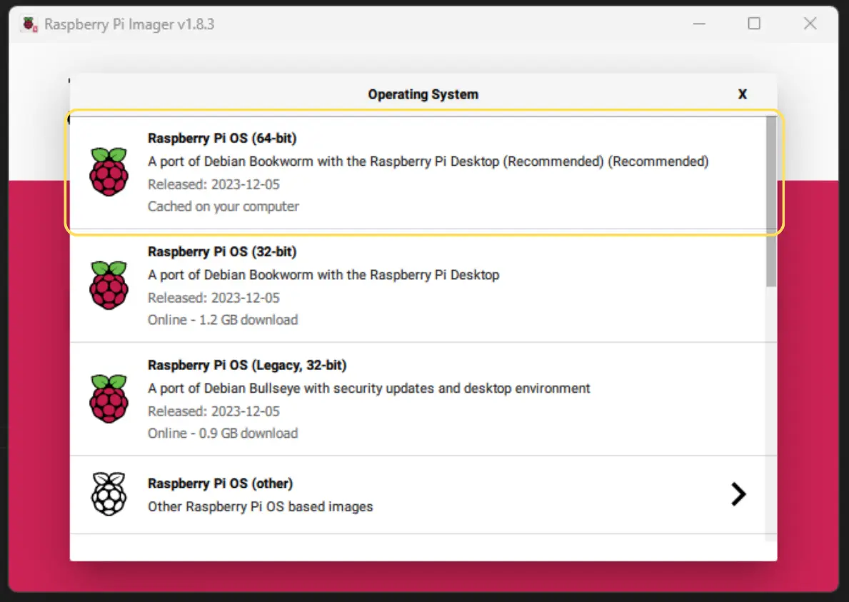 Image Showing the Raspberry Pi Imager select OS screen