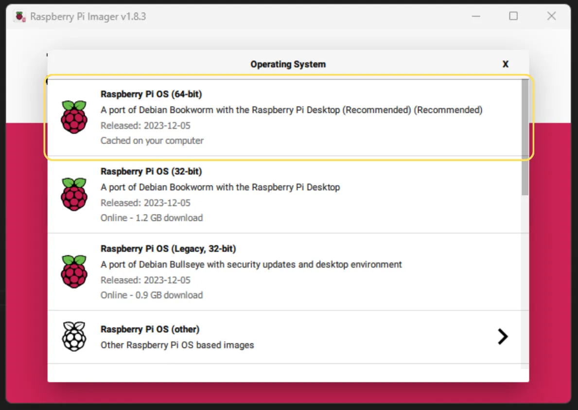 Image Showing the Raspberry Pi Imager select OS screen