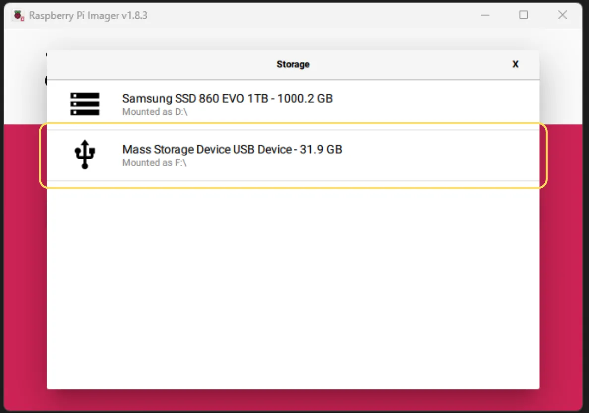 Image Showing the Raspberry Pi Imager select storage screen