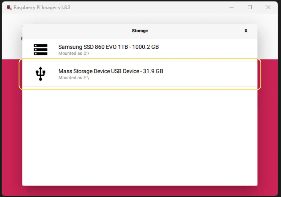 Image Showing the Raspberry Pi Imager select storage screen