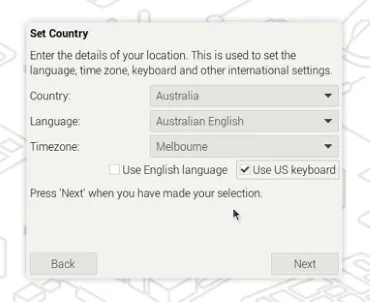 Image showing the Raspberry Pi Set country, language and time zone screen