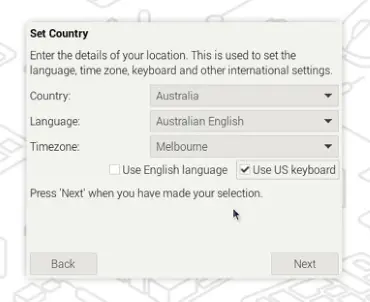 Image showing the Raspberry Pi Set country, language and time zone screen