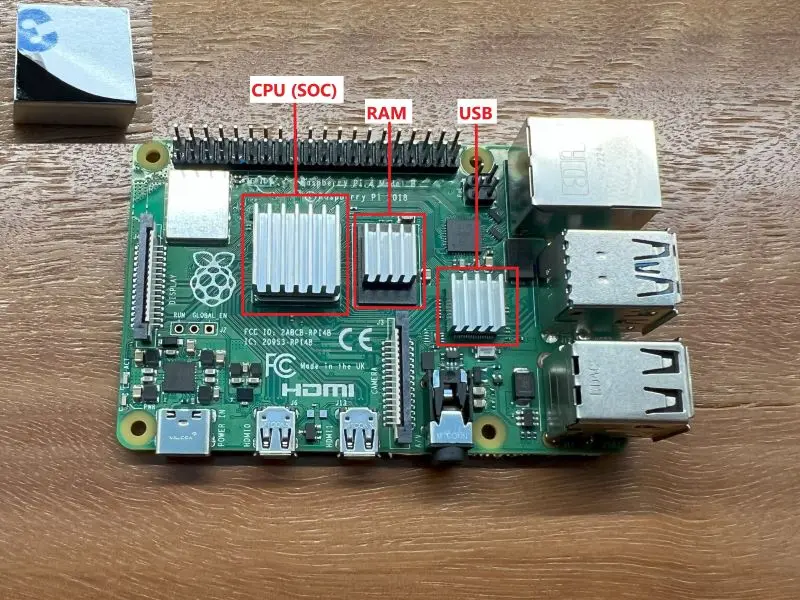 Picture showing the heat sinks installed on the Pi and Heat Sync Peeled