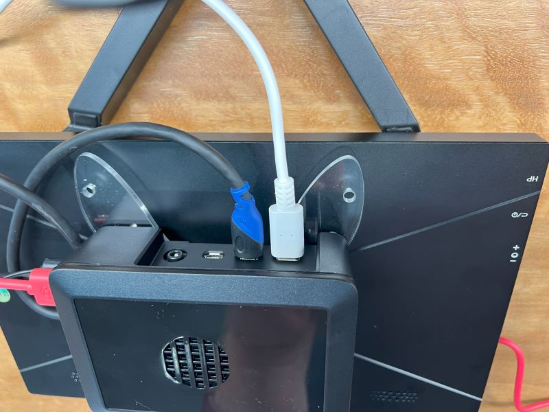Close up image showing the power supply connected to the Pi