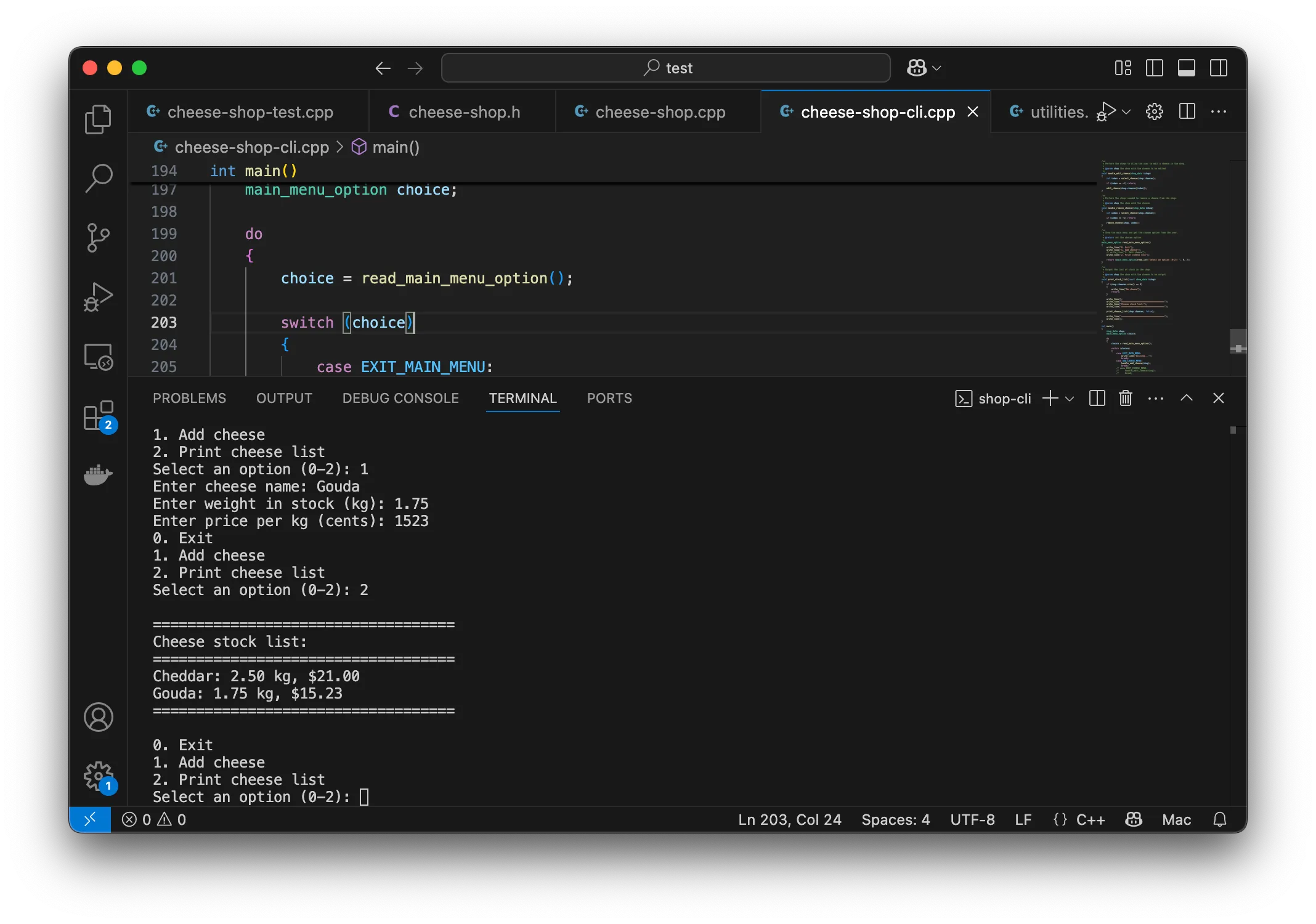 Screenshot of menu in action