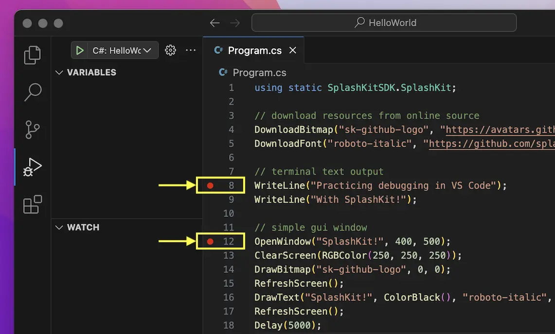 A window showing the breakpoints on line 8 and 12 in vscode