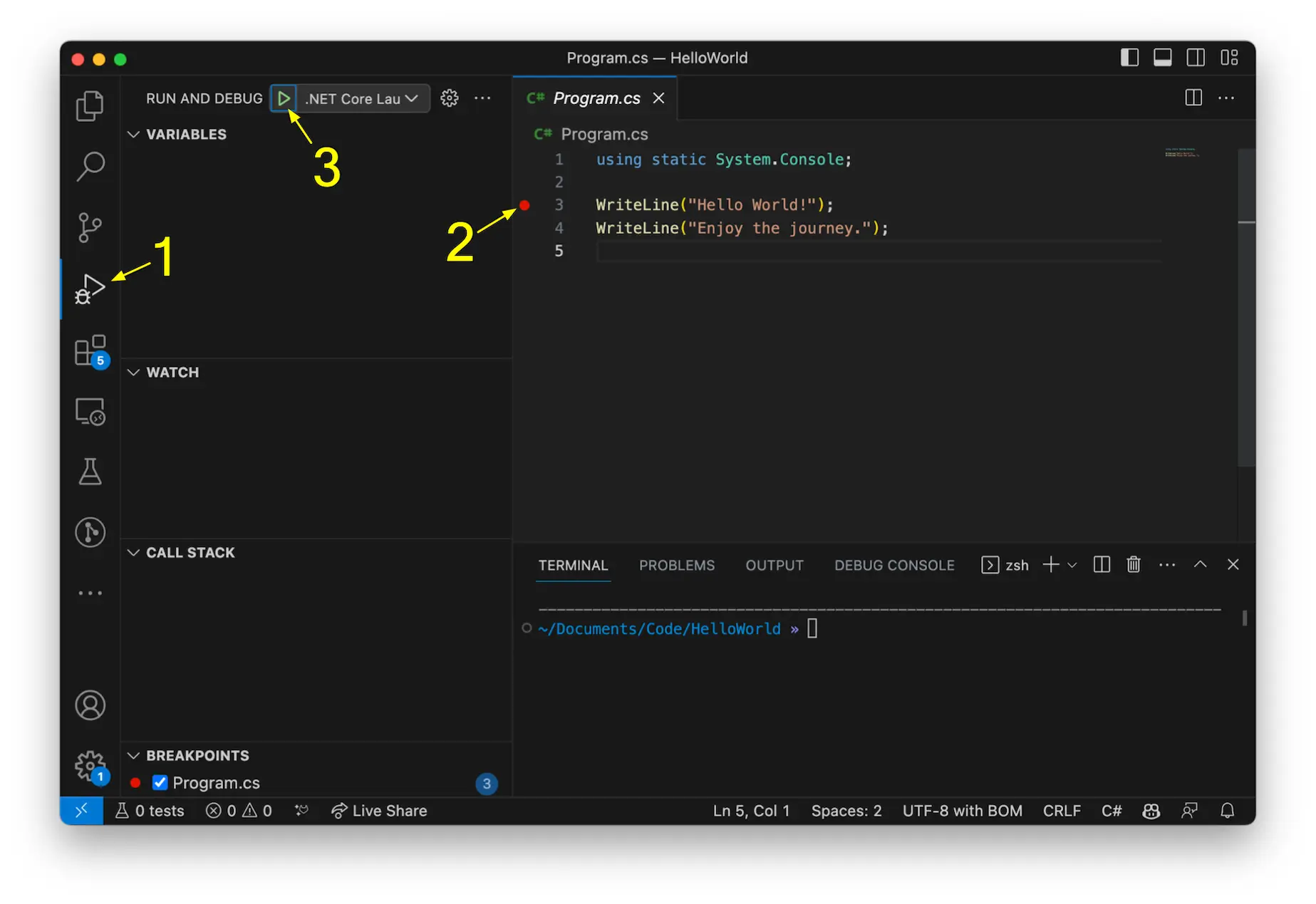 A VS Code window shown with a breakpoint added to line 3