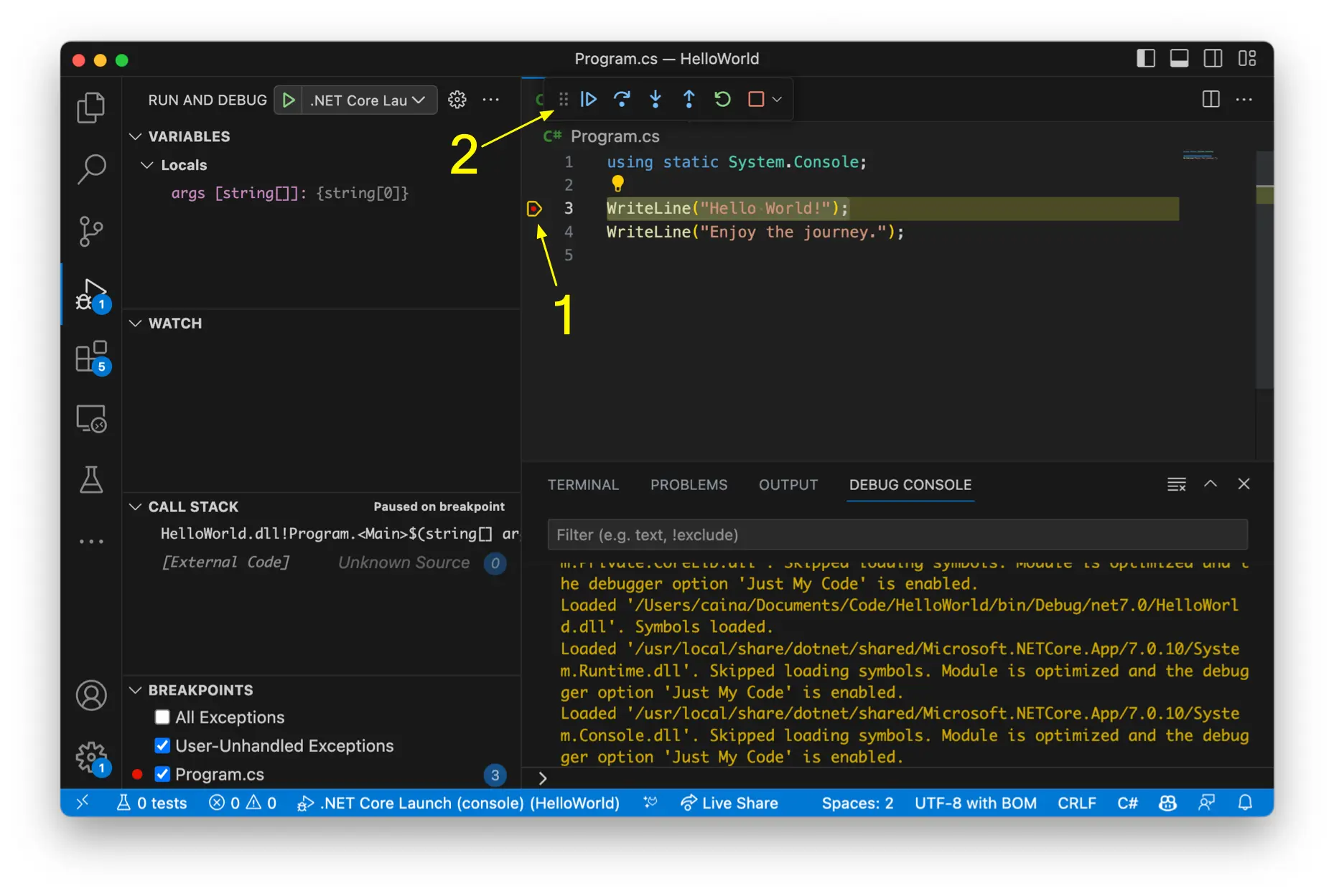 A VS Code window with the debugger waiting on line 3. The control buttons appear at the top of the window.