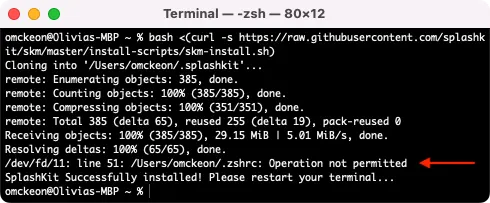 Terminal window showing Operation not permitted for .zshrc file