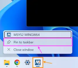 Image showing MSYS2 MINGW64 App pinning to taskbar