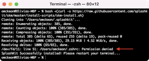 Terminal window showing permission denied for .zshrc file