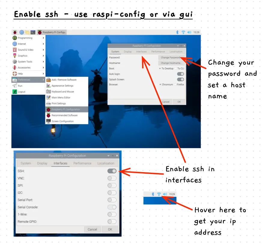 Shows enabling ssh in the graphical configuration.