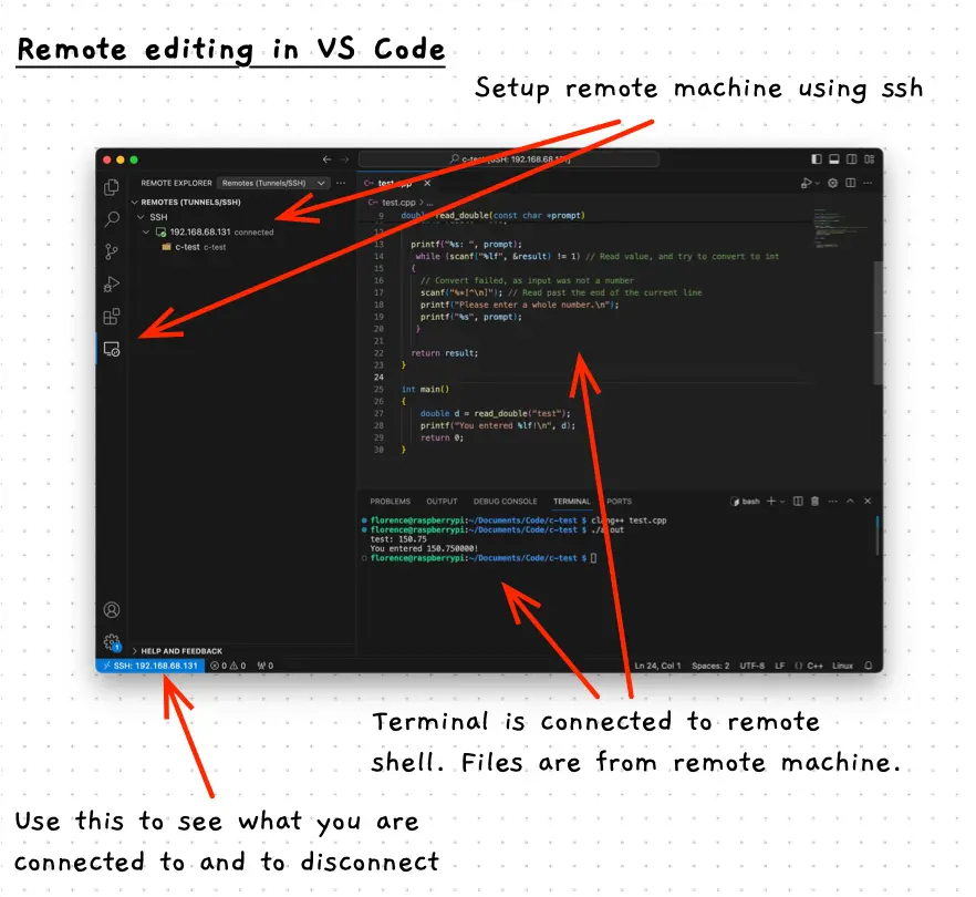 Shows remote editing in VS Code