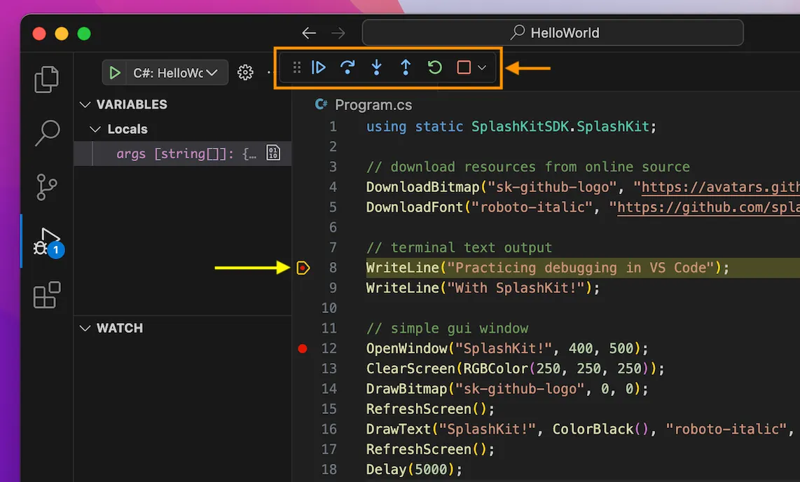 A window showing the vscode debugger paused at first breakpoint