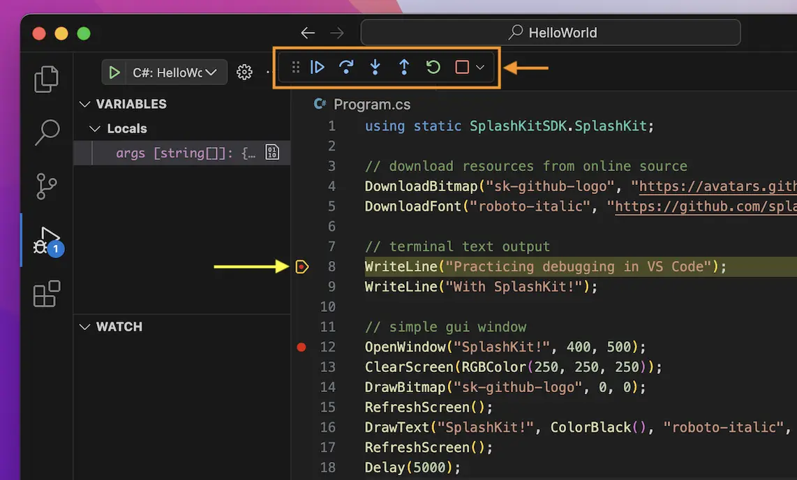 A window showing the vscode debugger paused at first breakpoint