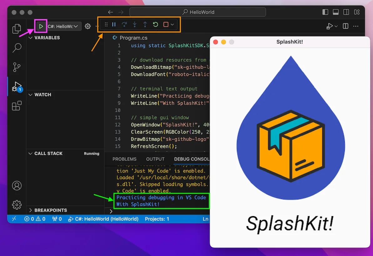 A window showing the vscode debugger and GUI output