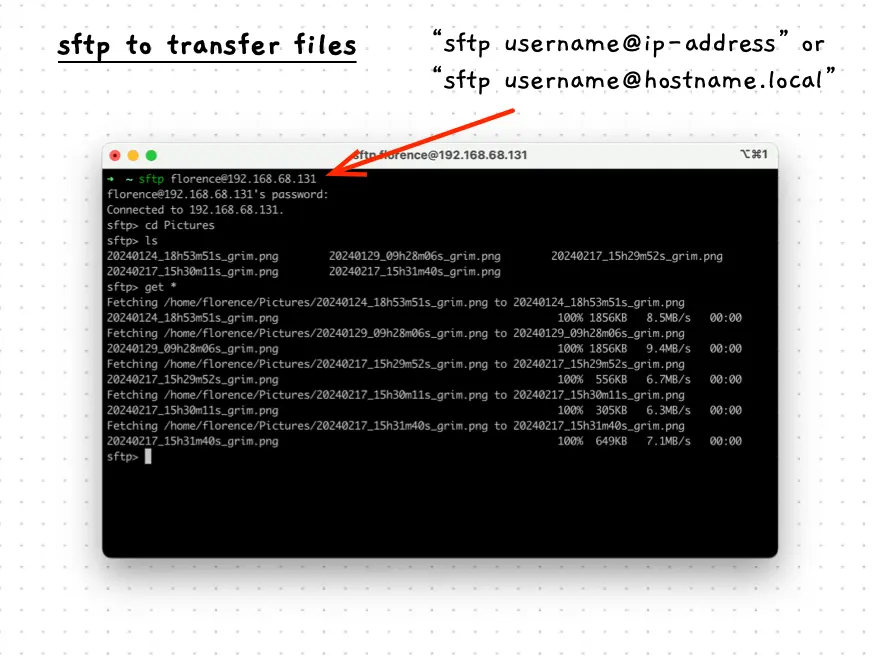 Shows using sftp to transfer some files