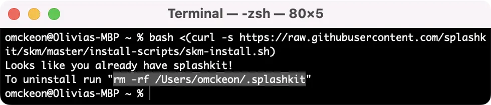 Terminal window showing splashkit already installed