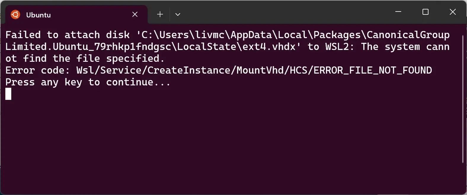 Image showing WSL terminal with ubuntu user account set up error