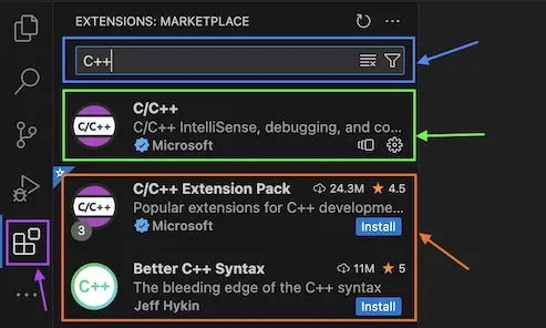 Visual Studio Code window showing recommended extensions for C++