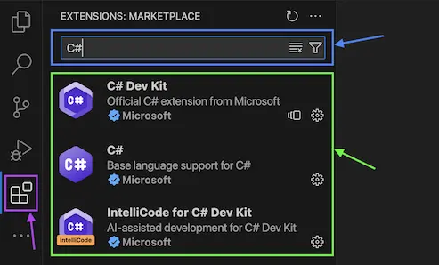 Visual Studio Code window showing recommended extensions for C#