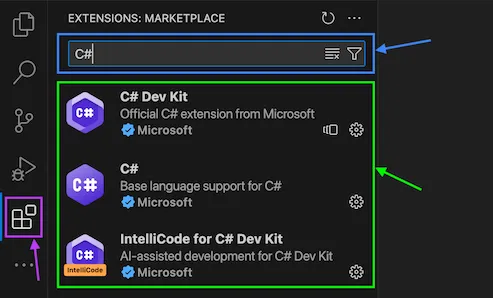 Visual Studio Code window showing recommended extensions for C#