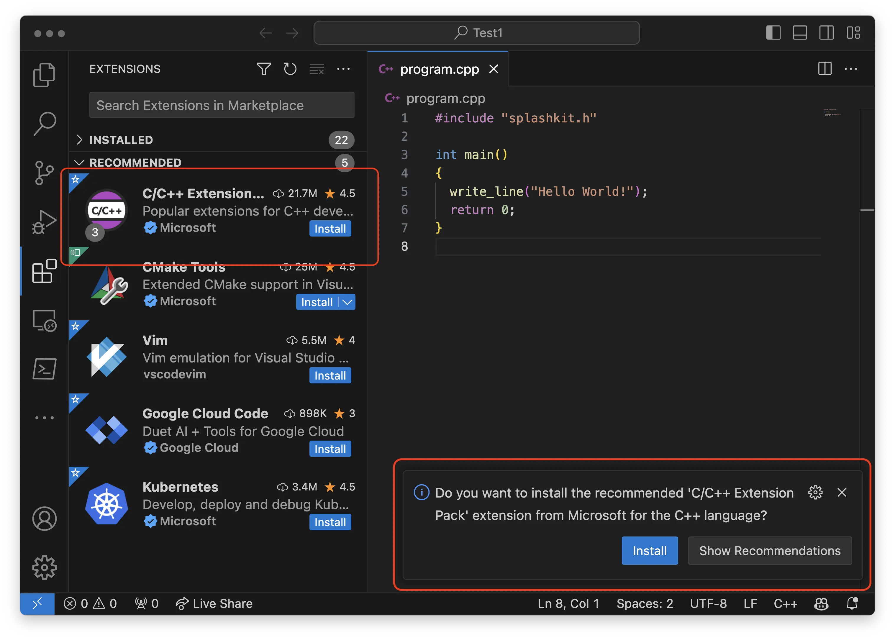 Visual Studio Code with extensions showing the C/C++ extension to install