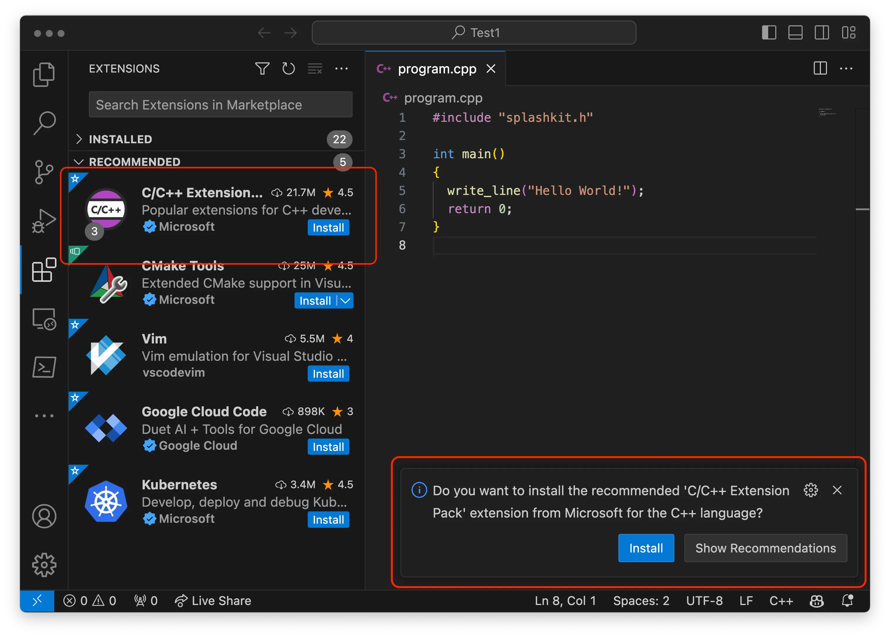 Visual Studio Code with extensions showing the C/C++ extension to install