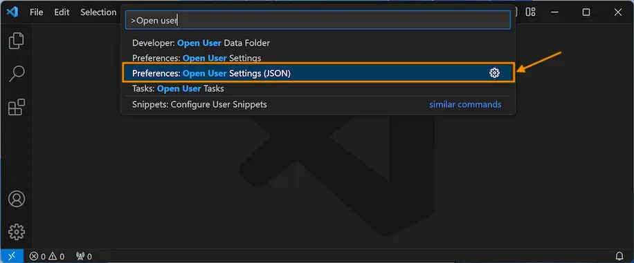 Image showing Command palette use to open User Setting (JSON) in VS Code window