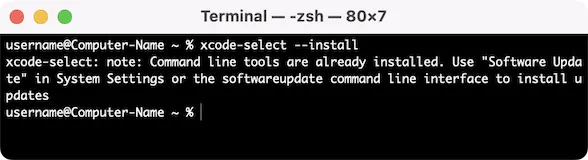 A Terminal window showing message that 'Command Line Tools' are already installed