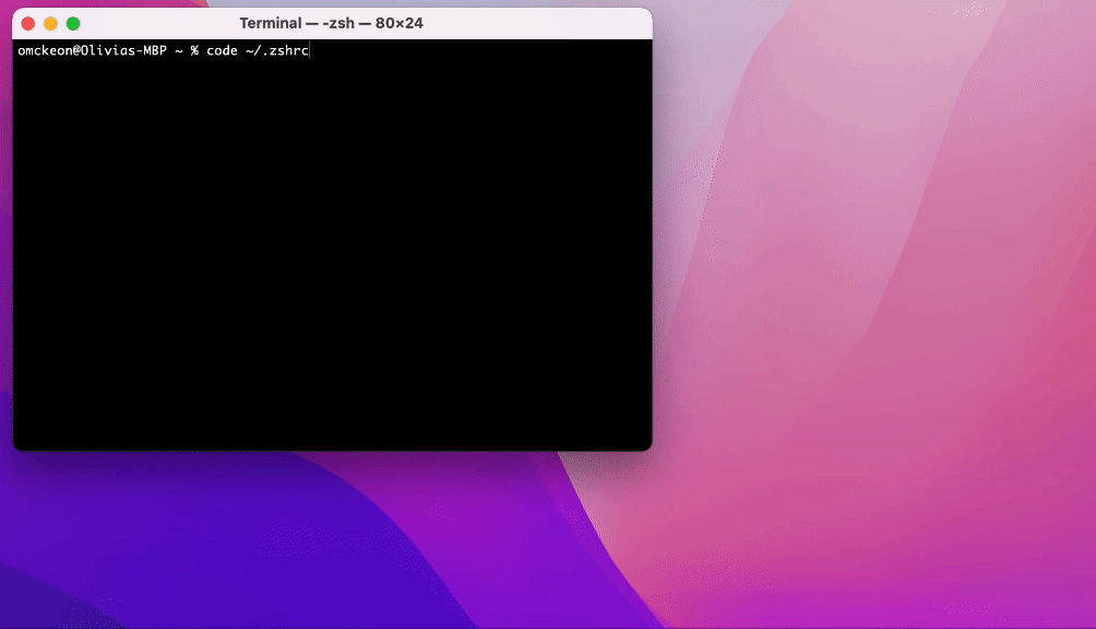 Gif showing 'code ~/.zshrc' command opening file in VS Code